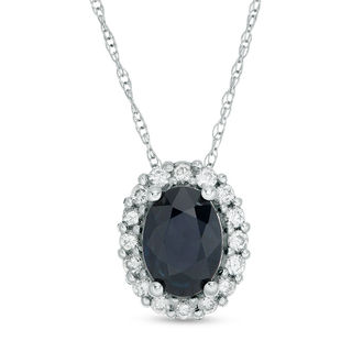 Oval Blue Sapphire and 0.19 CT. T.W. Diamond Frame Pendant in 10K White Gold