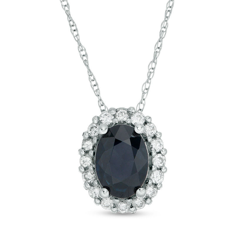 Oval Blue Sapphire and 0.19 CT. T.W. Diamond Frame Pendant in 10K White Gold|Peoples Jewellers