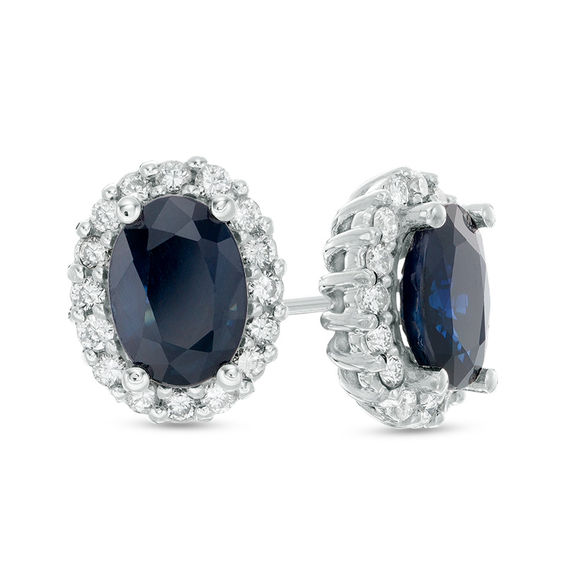 Oval Blue Sapphire and 0.38 CT. T.W. Diamond Frame Stud Earrings in 10K ...