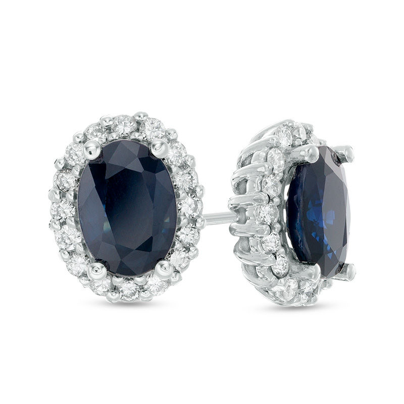 Oval Blue Sapphire and 0.38 CT. T.W. Diamond Frame Stud Earrings in 10K White Gold|Peoples Jewellers