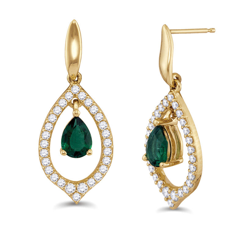 Pear-Shaped Lab-Created Emerald and 0.71 CT. T.W. Diamond Teardrop Earrings in 10K Gold|Peoples Jewellers