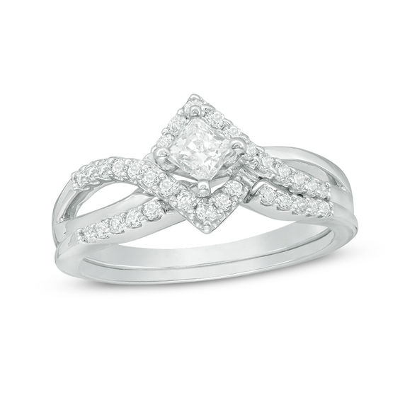 0.50 CT. T.W. Princess-Cut Diamond Tilted Bypass Frame Bridal Set in 14K White Gold