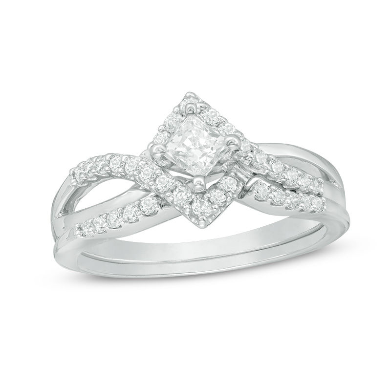 0.50 CT. T.W. Princess-Cut Diamond Tilted Bypass Frame Bridal Set in 14K White Gold|Peoples Jewellers