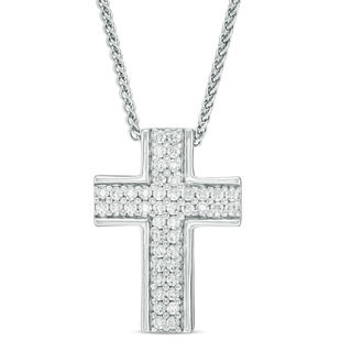 0.45 CT. T.W. Diamond Double Row Cross Bolo Necklace in Sterling Silver - 30"