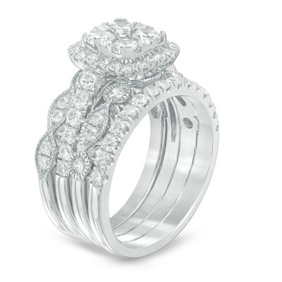 2.00 CT. T.W. Quad Diamond Frame Four Piece Bridal Set in 14K White Gold