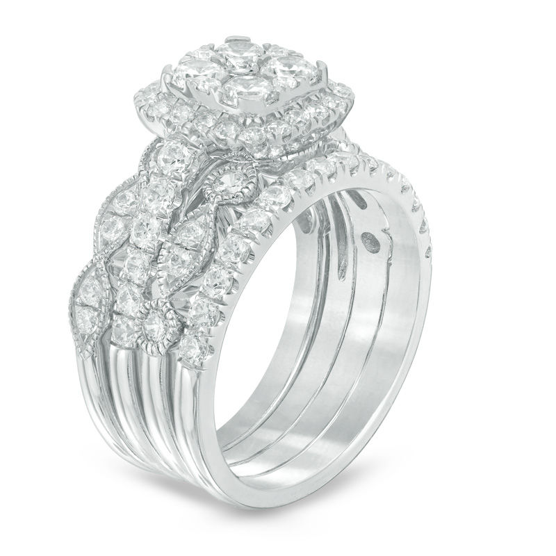 2.00 CT. T.W. Quad Diamond Frame Four Piece Bridal Set in 14K White Gold|Peoples Jewellers