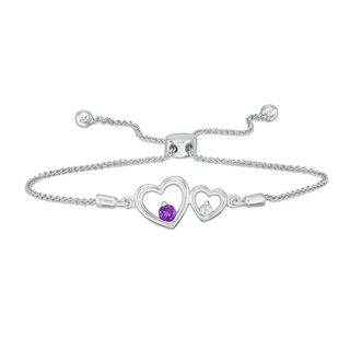 Couple’s Simulated Birthstone Double Heart Frame Bolo Bracelet in Sterling Silver (2 Stones)