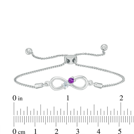 Couple’s Simulated Birthstone Infinity Bolo Bracelet in Sterling Silver (2 Stones)