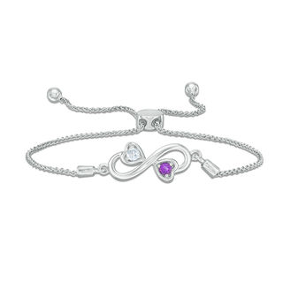 Couple’s Simulated Birthstone Double Heart Infinity Bolo Bracelet in Sterling Silver (2 Stones) - 8.0"