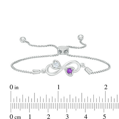 Couple’s Simulated Birthstone Double Heart Infinity Bolo Bracelet in Sterling Silver (2 Stones) - 8.0"