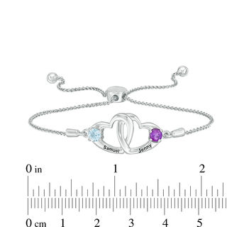 Couple's 4.0mm Simulated Birthstone Interlocking Heart Bolo Bracelet in Sterling Silver (2 Stones and Names)