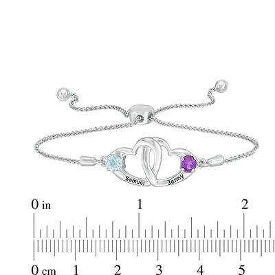 Couple's 4.0mm Simulated Birthstone Interlocking Heart Bolo Bracelet in Sterling Silver (2 Stones and Names)