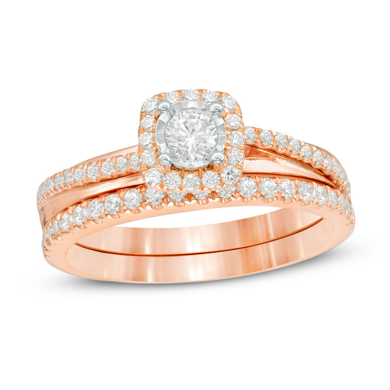 0.45 CT. T.W. Diamond Cushion Frame Bridal Set in 10K Rose Gold ...