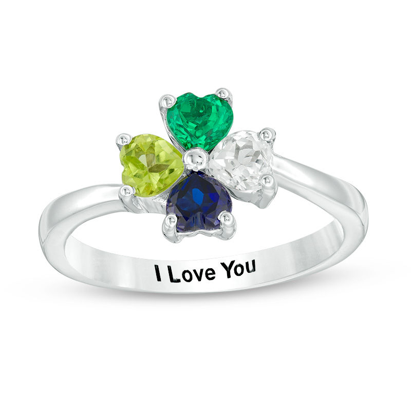 Mother’s 4.0mm Heart-Shaped Simulated Birthstone Four Leaf Clover Ring in Sterling Silver (15 Characters)|Peoples Jewellers
