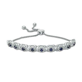 Lab-Created Blue Sapphire and 0.09 CT. T.W. Diamond Frame Bolo Bracelet in Sterling Silver - 9.5"