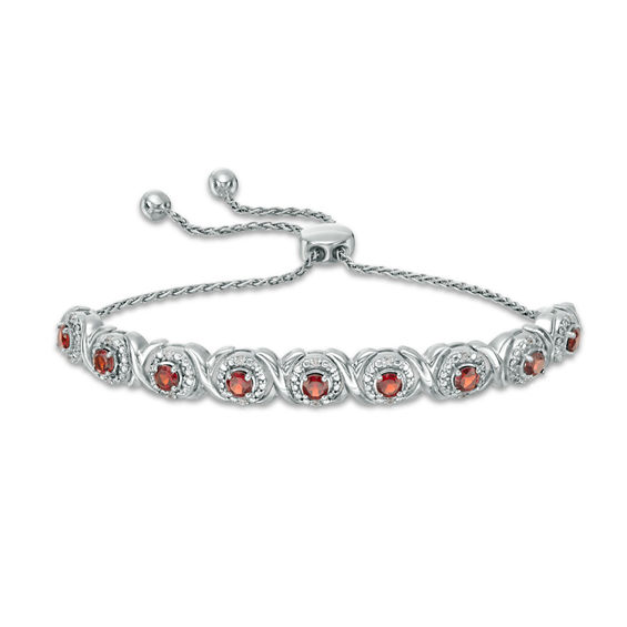 Garnet and 0.09 CT. T.W. Diamond Frame Bolo Bracelet in Sterling Silver - 9.5"