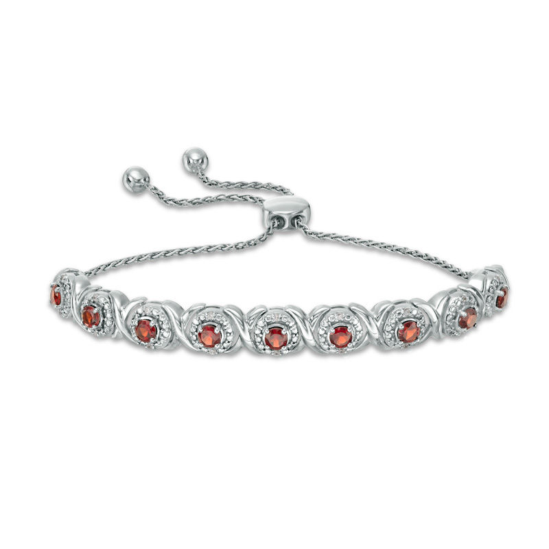 Garnet and 0.09 CT. T.W. Diamond Frame Bolo Bracelet in Sterling Silver - 9.5"|Peoples Jewellers