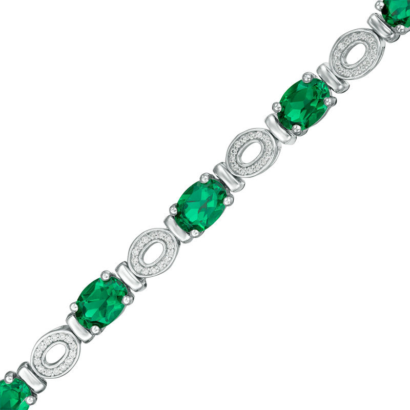 Oval Lab-Created Emerald and 0.46 CT. T.W. Diamond "O" Bracelet in Sterling Silver - 7.5"