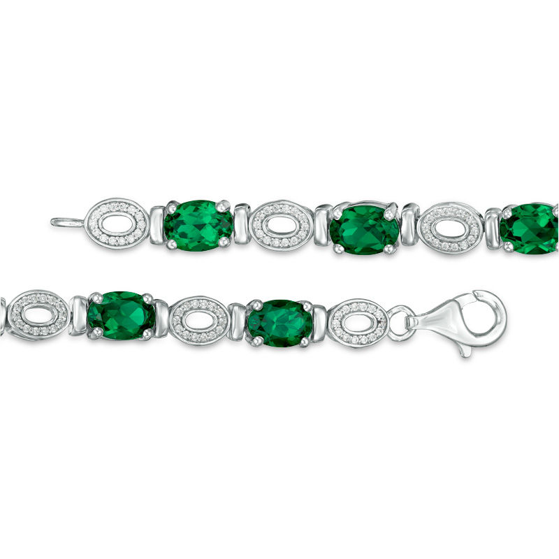 Oval Lab-Created Emerald and 0.46 CT. T.W. Diamond "O" Bracelet in Sterling Silver - 7.5"