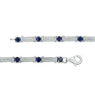 Lab-Created Blue Sapphire and 0.38 CT. T.W. Diamond Double Row Bracelet in Sterling Silver - 7.5"