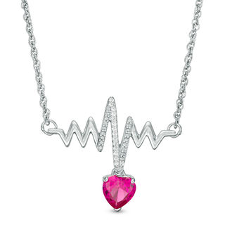 6.0mm Heart-Shaped Lab-Created Ruby and Diamond Accent Heartbeat Necklace in Sterling Silver