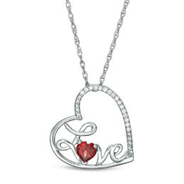 4.0mm Heart-Shaped Garnet and Diamond Accent Tilted &quot;LOVE&quot; Pendant in Sterling Silver