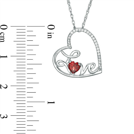 4.0mm Heart-Shaped Garnet and Diamond Accent Tilted "LOVE" Pendant in Sterling Silver