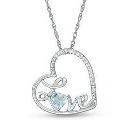 Heart-Shaped Aquamarine and Diamond Accent Tilted &quot;LOVE&quot; Pendant in Sterling Silver