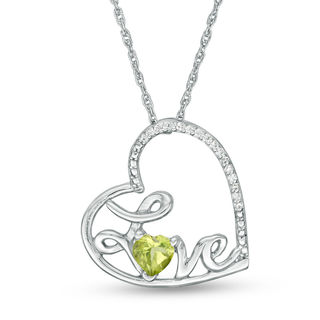 Heart-Shaped Peridot and Diamond Accent Tilted "LOVE" Pendant in Sterling Silver