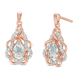 Pear-Shaped Aquamarine and Lab-Created White Sapphire Free-Form Frame Drop Earrings in 10K Rose Gold