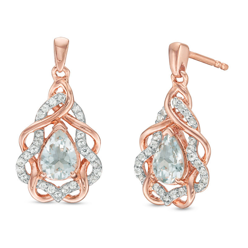 Pear-Shaped Aquamarine and Lab-Created White Sapphire Free-Form Frame Drop Earrings in 10K Rose Gold|Peoples Jewellers