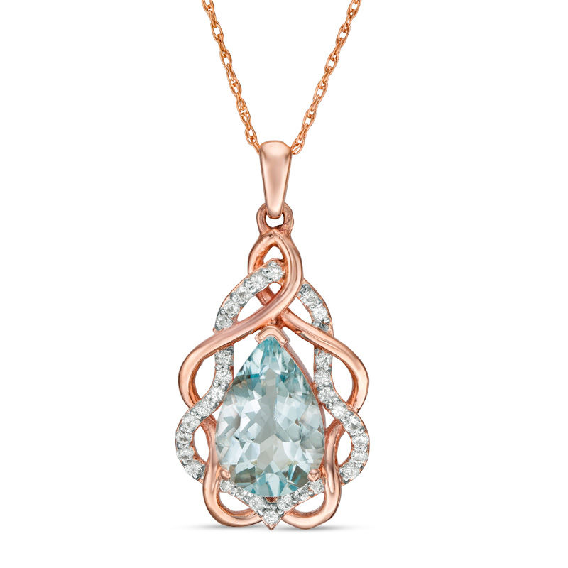 Pear-Shaped Aquamarine and Lab-Created White Sapphire Free-Form Frame Pendant in 10K Rose Gold|Peoples Jewellers