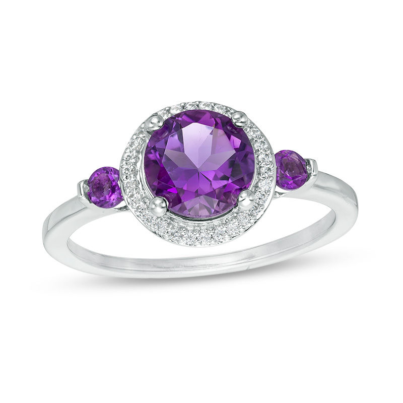 6.5mm Amethyst and 0.15 CT. T.W. Diamond Frame Three Stone Ring in Sterling Silver