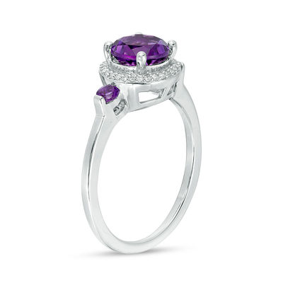 6.5mm Amethyst and 0.15 CT. T.W. Diamond Frame Three Stone Ring in Sterling Silver