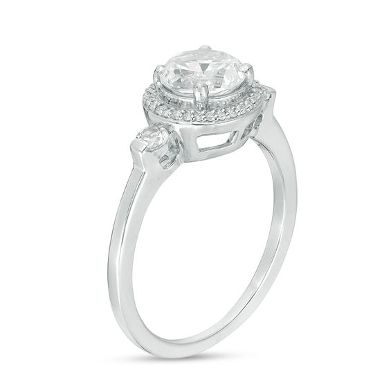 Lab-Created White Sapphire and 0.15 CT. T.W. Diamond Frame Three Stone Ring in Sterling Silver