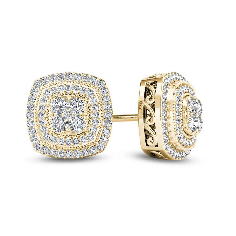 0.45 CT. T.W. Multi-Diamond Vintage-Style Double Cushion Frame Stud Earrings in 10K Gold|Peoples Jewellers