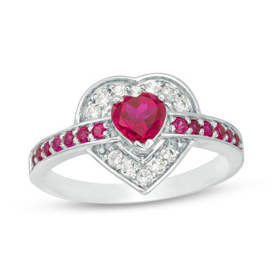 5.0mm Lab-Created Ruby and White Sapphire Heart Ring in Sterling Silver