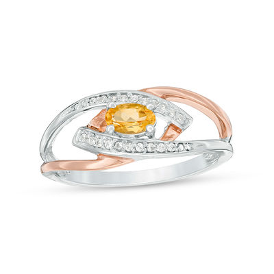 Oval Citrine and Diamond Accent Split Shank Ring in Sterling Silver and 10K Rose Gold