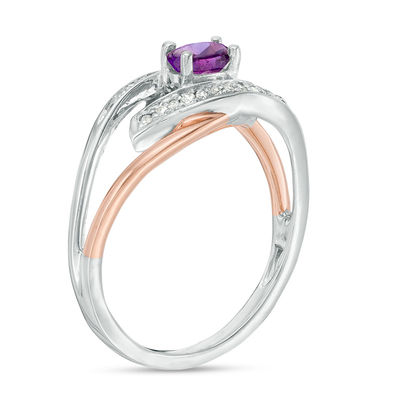 Oval Amethyst and Diamond Accent Spilt Shank Ring in Sterling Silver and 10K Rose Gold