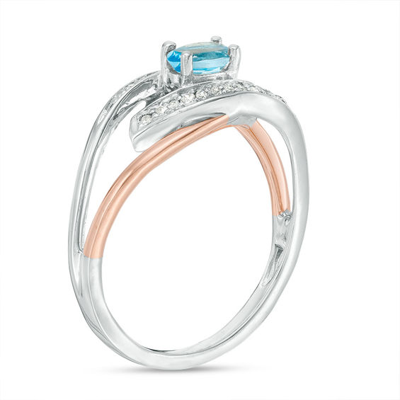 Oval Aquamarine and Diamond Accent Split Shank Ring in Sterling Silver and 10K Rose Gold