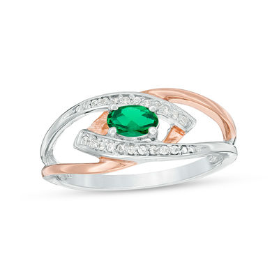 Oval Lab-Created Emerald and Diamond Accent Split Shank Ring in Sterling Silver and 10K Rose Gold