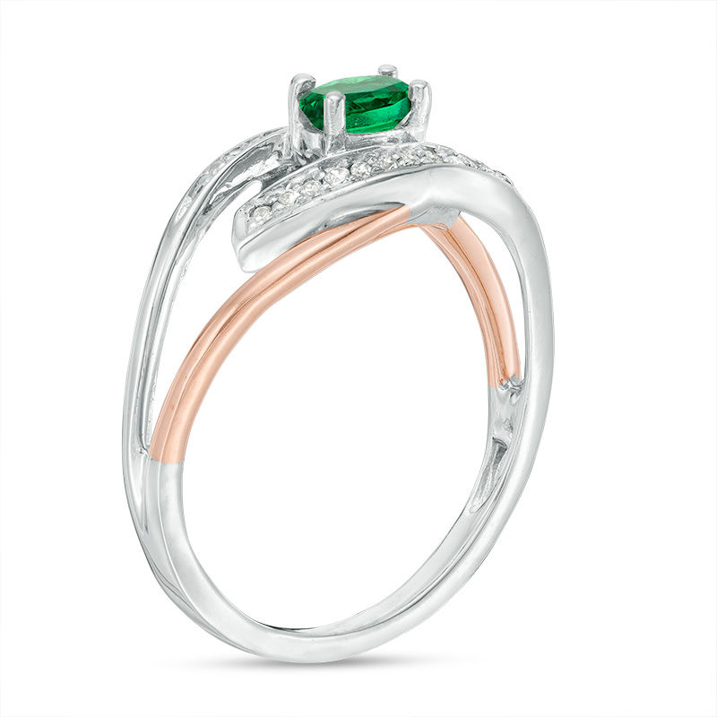 Oval Lab-Created Emerald and Diamond Accent Split Shank Ring in Sterling Silver and 10K Rose Gold|Peoples Jewellers