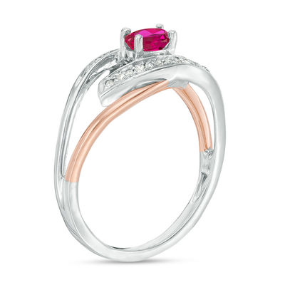 Oval Lab-Created Ruby and Diamond Accent Split Shank Ring in Sterling Silver and 10K Rose Gold