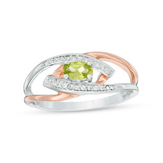 Oval Peridot and Diamond Accent Split Shank Ring in Sterling Silver and 10K Rose Gold