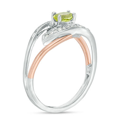 Oval Peridot and Diamond Accent Split Shank Ring in Sterling Silver and 10K Rose Gold