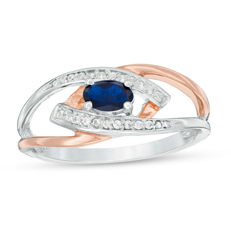 Oval Lab-Created Blue Sapphire and Diamond Accent Split Shank Ring in Sterling Silver and 10K Rose Gold|Peoples Jewellers