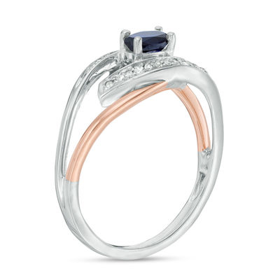 Oval Lab-Created Blue Sapphire and Diamond Accent Split Shank Ring in Sterling Silver and 10K Rose Gold