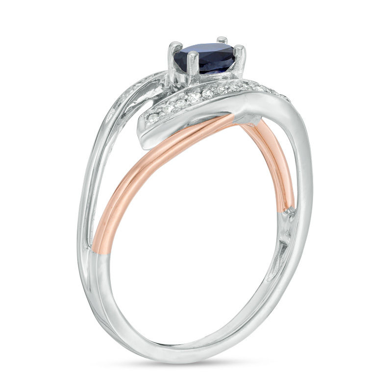 Oval Lab-Created Blue Sapphire and Diamond Accent Split Shank Ring in Sterling Silver and 10K Rose Gold|Peoples Jewellers