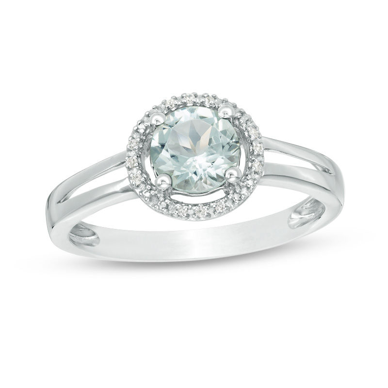 5.7mm Aquamarine and Diamond Accent Frame Split Shank Ring in Sterling Silver|Peoples Jewellers