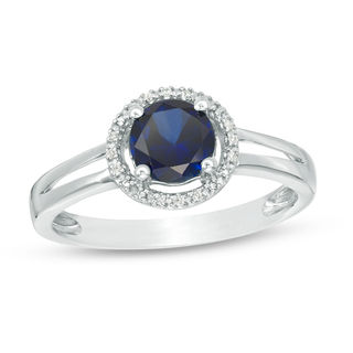 5.7mm Lab-Created Blue Sapphire and Diamond Accent Frame Split Shank Ring in Sterling Silver